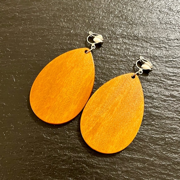 Boho Wooden Dangle Drop Clip On Teardrop Shape Earrings - Picture 4 of 9